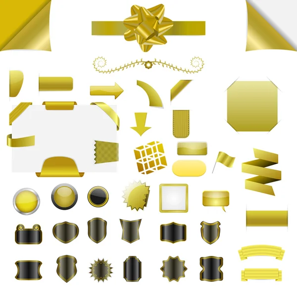 Set of gold blank isolated web elements, buttons, ribbons