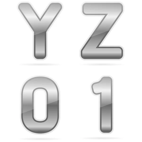 Alfabeto metálico limpio, y, z, 0, 1 — Archivo Imágenes Vectoriales