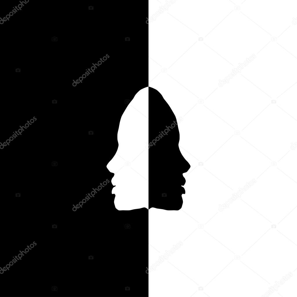 Head silhouettes in mirror, black and white