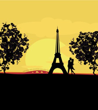 Paris'te Eyfel Kulesi retro arabanın yakınında öpüşme Romantik Çift