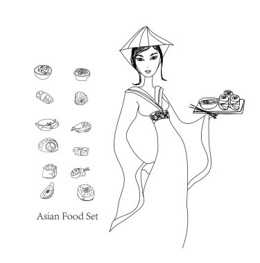 Güzel Asyalı kız suşinin tadını çıkar - karalama çizimi