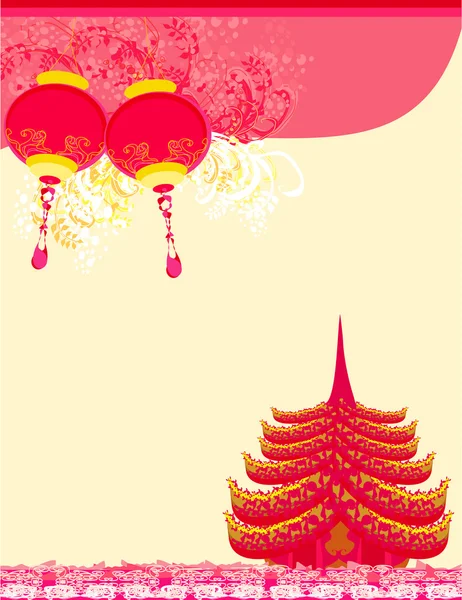 Vecchia carta con paesaggio asiatico e lanterne cinesi - vintage j — Vettoriale Stock
