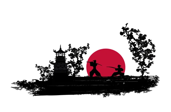 Silueta de combate Samurai japonés — Vector de stock