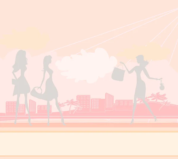 Fashion silhouettes girls Shopping in the city — Stock Vector