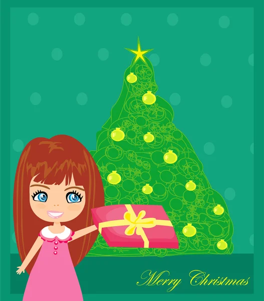 Linda chica con caja de regalo cerca de árbol de Navidad — Vector de stock