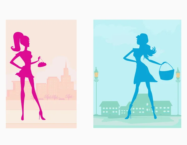 Fashion silhouettes girls Shopping in the city — Stock Vector