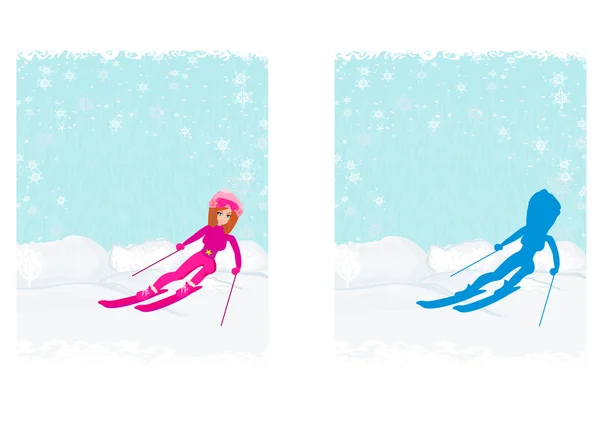 Ilustración de una mujer joven esquí abajo un ento cubierto de nieve — Stok Vektör