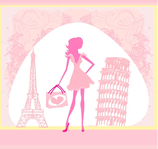 Hermosas mujeres Compras en Francia e Italia — Vector de stock