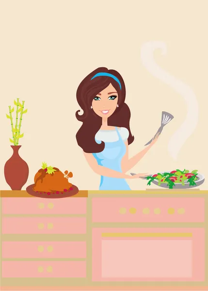 Belle femme friture dans la cuisine — Image vectorielle