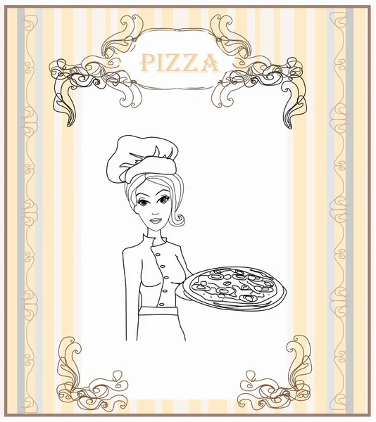 Jonge serveerster met pizza doodle — Stockvector