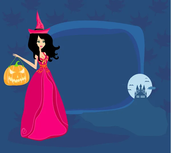 Halloween heks staat met pompoen — Stockvector