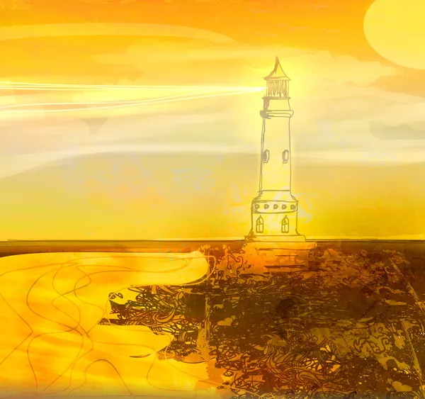 从一个小海滩上看到的灯塔- - Grunge Poster — 图库照片