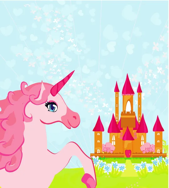 Fairytale landscape with pink magic castle and unicorn — Stock Vector