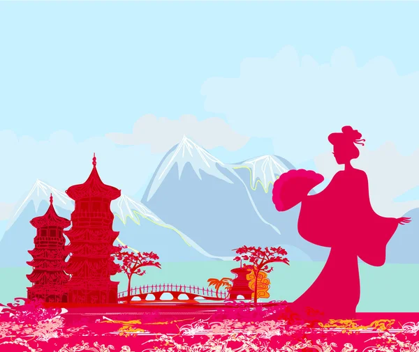 Abstrait asiatique paysage et belle asiatique fille — Image vectorielle