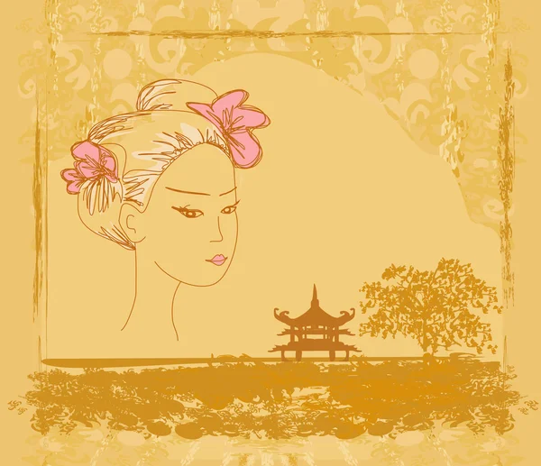 抽象的なアジアの風景と美しいアジアの女の子 — ストックベクタ
