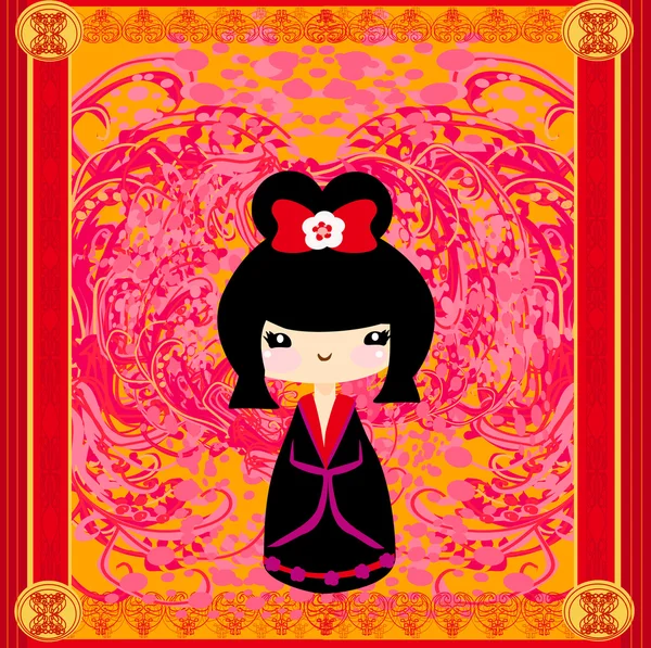 Muñeca Kokeshi sobre fondo rosa con adorno floral — Vector de stock