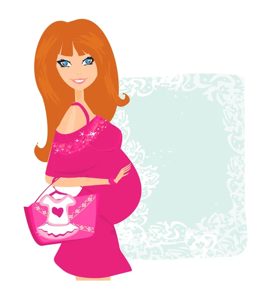 Güzel hamile kadın yeni bebek taşıyıcısı için alışveriş yapıyor. — Stok Vektör