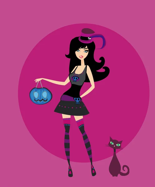 Хэллоуинская ведьма стоит с тыквой — стоковый вектор