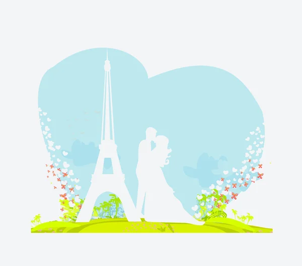 에펠 탑 근처에서 키스를 하고 있는 파리의 낭만적 인 부부 — 스톡 벡터
