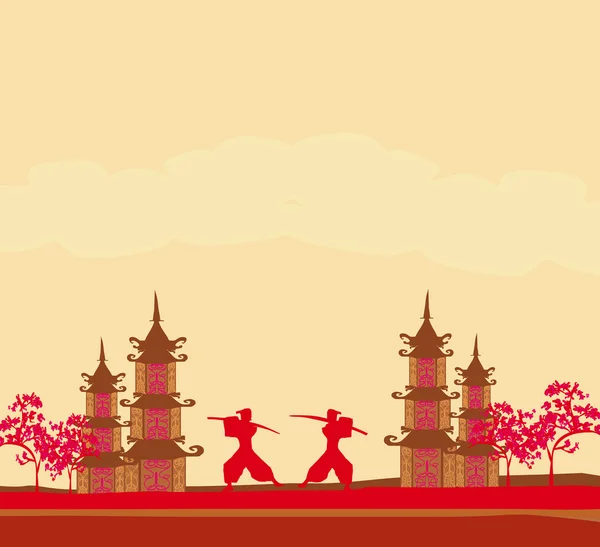 Samurai silhouette in Asian Landscape — Stock Vector