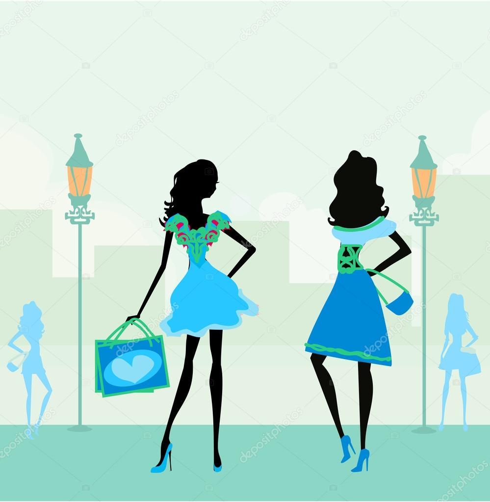 Fashion silhouettes girls Shopping in the city