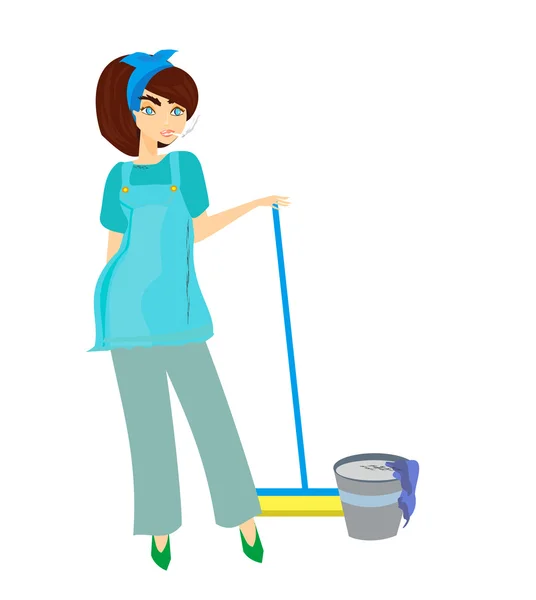 Cartoon character housemaid with broom vector illustration, isol — Stock Vector