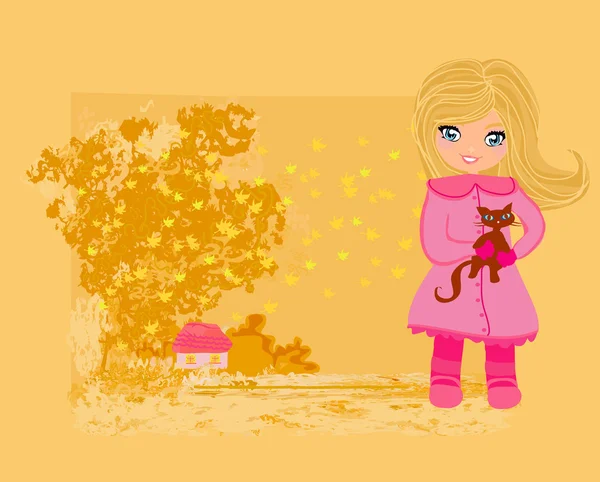 Sweet girl in autumn park and her cat — Stock Vector