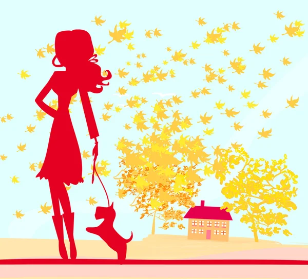 Dziewczyna spacerując z psem w jesiennym krajobrazie. — Wektor stockowy