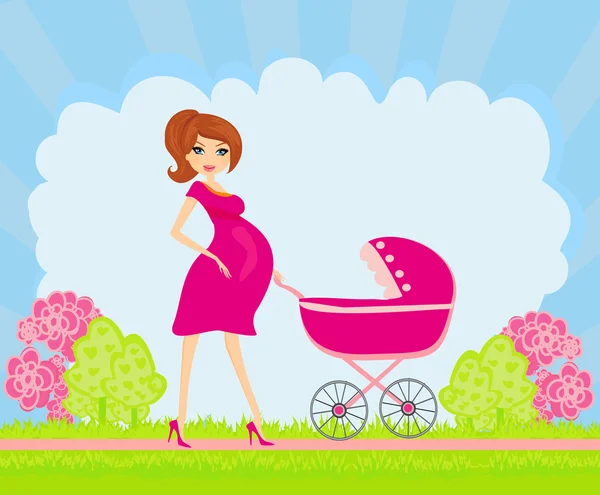 Vacker gravid kvinna driver en barnvagn — Stock vektor