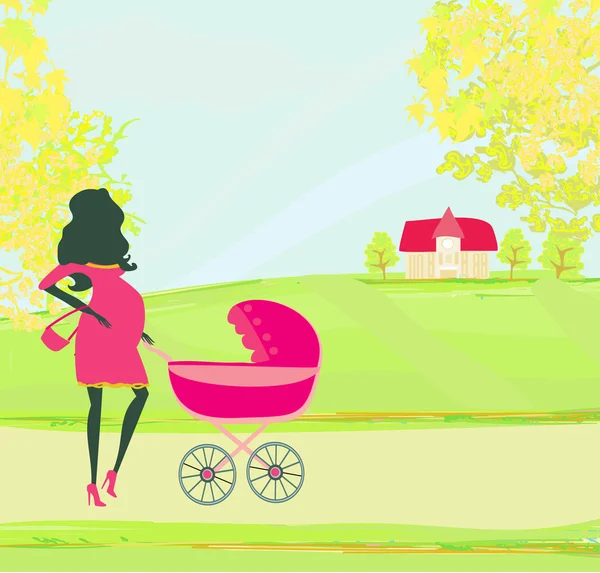 Beautiful pregnant woman pushing a stroller — Stock Vector