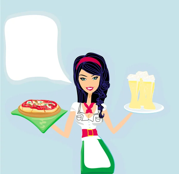 Beautiful woman serving pizza — Stock Vector