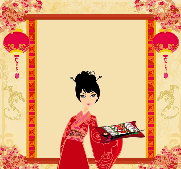 Bella ragazza asiatica godere di sushi modello di menu — Vettoriale Stock