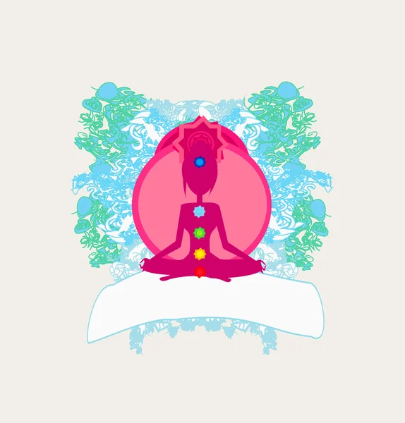 Yoga lotus poseren. Padmasana met gekleurde chakra punten. — Stockvector