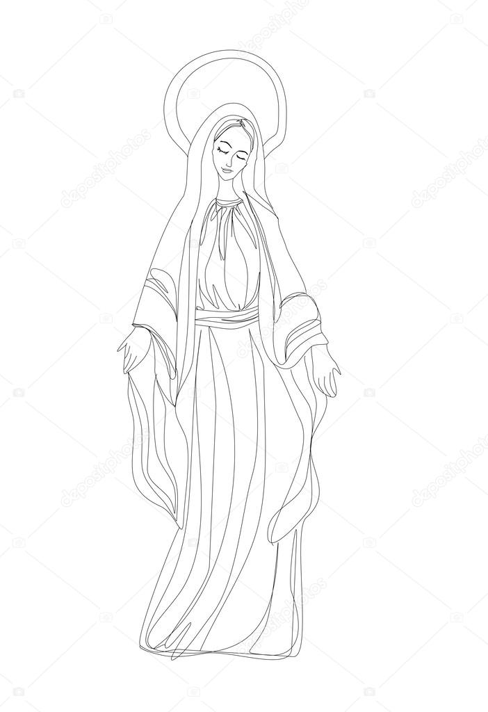 Blessed Virgin Mary in black and white contour drawing