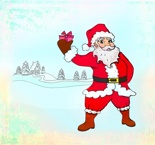 Mutlu yeni yıl kartı santa ve kış manzara - doodle hasta ile — Stok fotoğraf