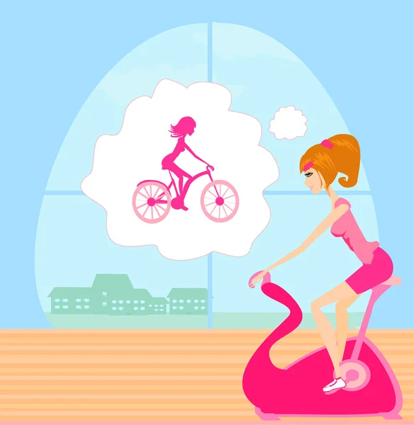 Chica en las bicicletas de ejercicio — Vector de stock