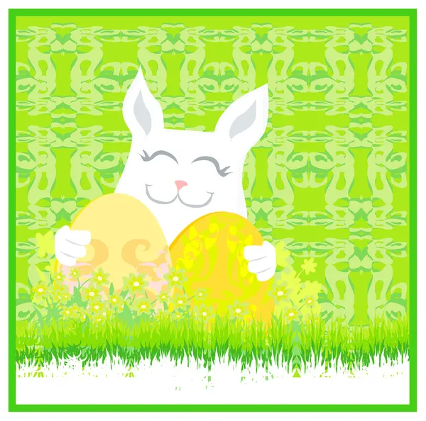 Illustration of happy Easter bunny carrying egg — Stock Vector