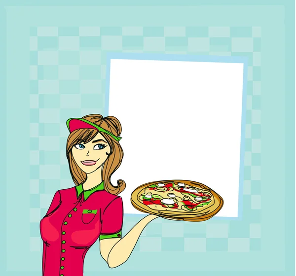 Mooie vrouw serveert pizza — Stockvector