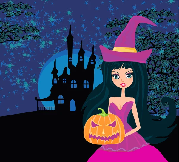 Sorcière d'Halloween debout avec citrouille — Image vectorielle