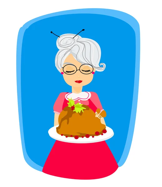 Grandma with a delicious roasted and big turkey — Stock Vector