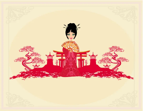 Abstract Asian Landscape and beautiful geisha — Stock Vector