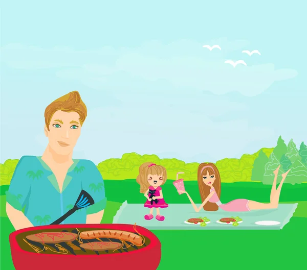 A vector illustration of a family having a picnic in a park — Stock Vector