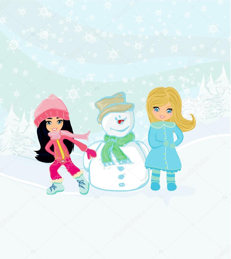 Little girls and snowman