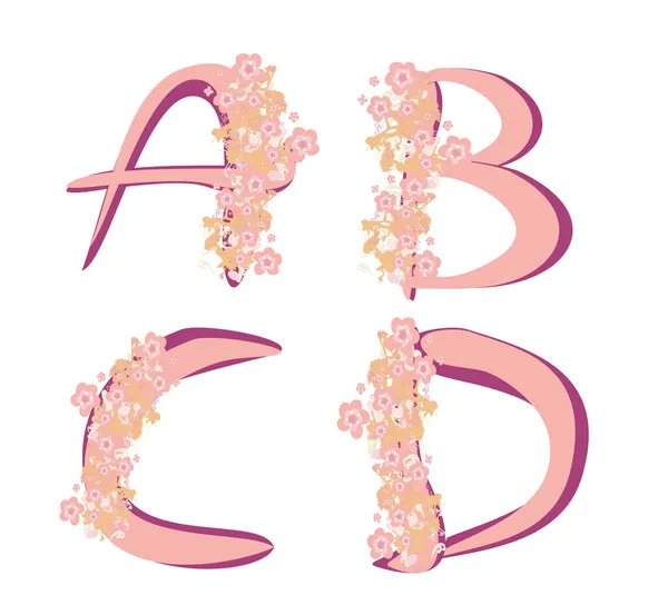 Vector spring alphabet with flowers letters A,B,C,D — Stock Vector