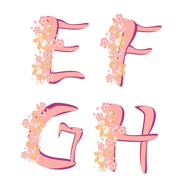 Alphabet vectoriel printemps avec fleurs lettres E, F, G, H, — Image vectorielle