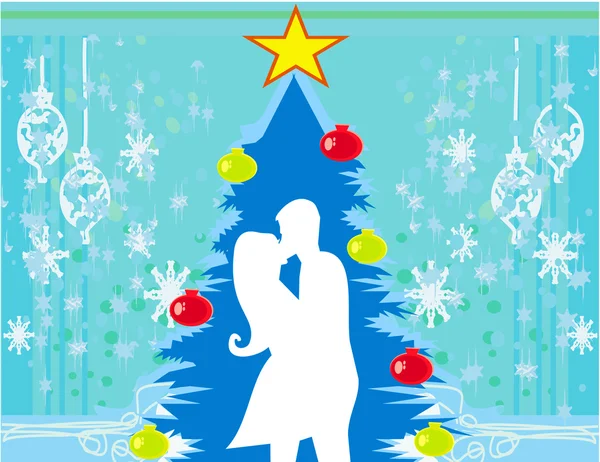 Ζευγάρι φιλιέται δίπλα σε χριστουγεννιάτικο δέντρο — Διανυσματικό Αρχείο