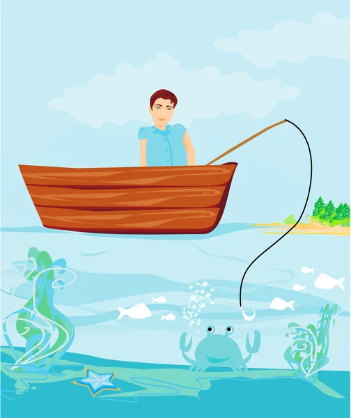 Pescador captura de los peces — Vector de stock