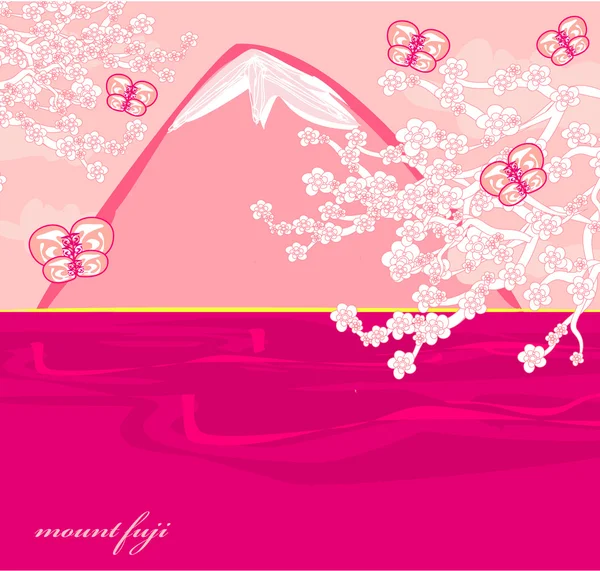 Japanese cherry tree to the background of the mountain — Stock Vector