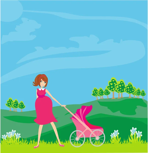 Beautiful pregnant woman pushing a stroller — Stock Vector