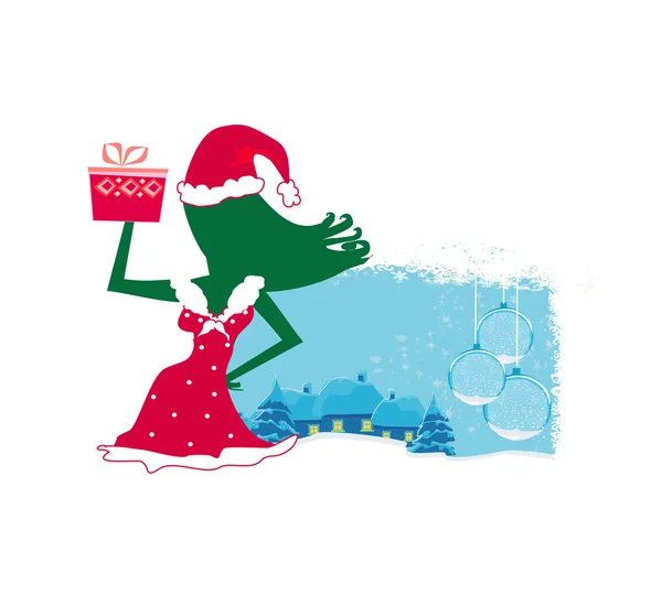 Ευτυχισμένο το Νέο Έτος κάρτα με Santa κορίτσι και το χειμερινό τοπίο — Διανυσματικό Αρχείο